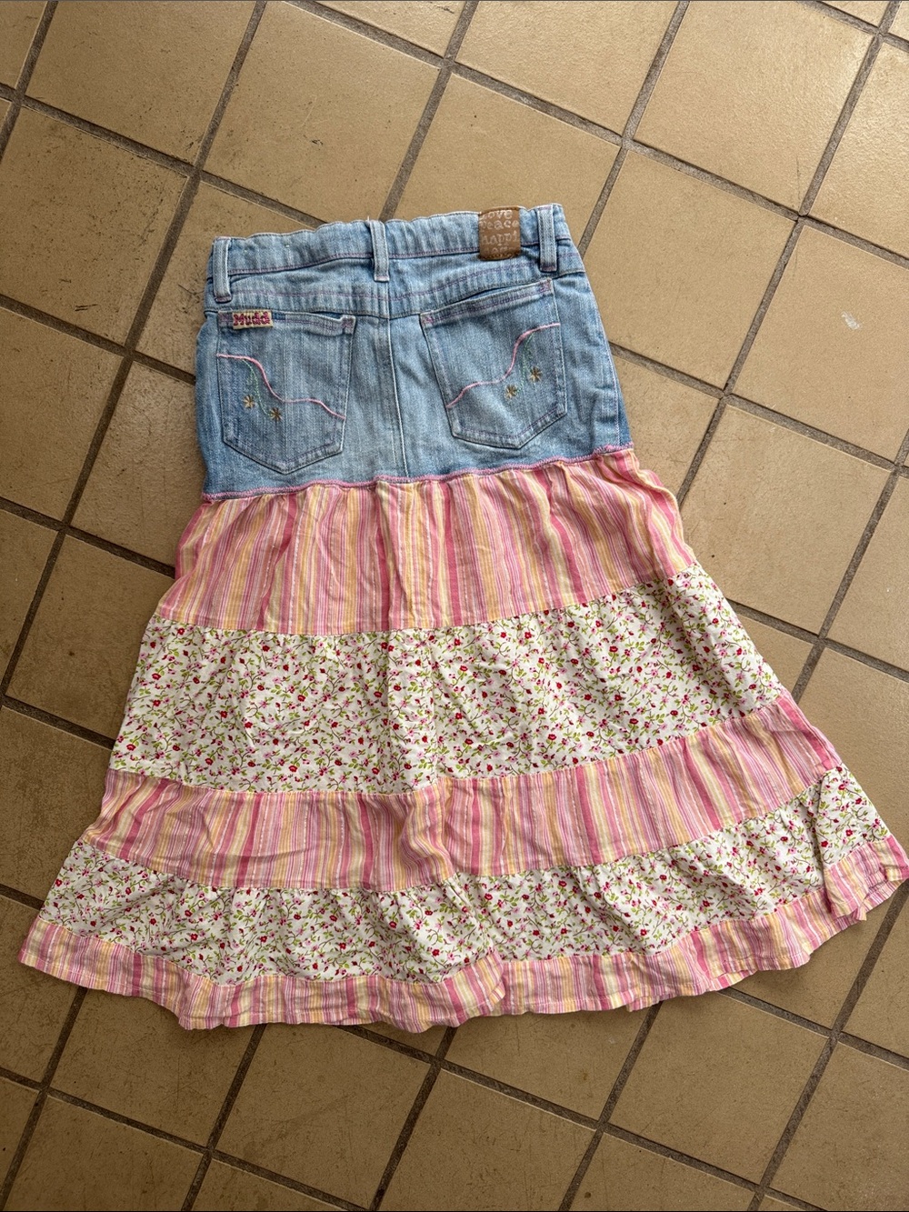 Mudd Denim & Pink Striped Floral Tiered Skirt